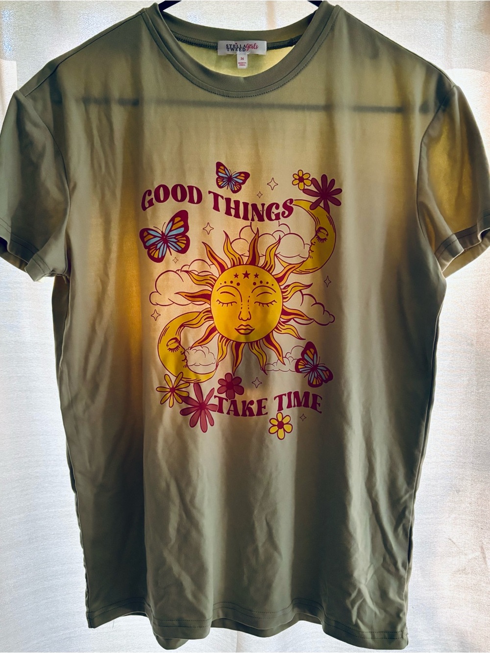 Girl’s Stella Tweed Olive Green 'Good Things Take Time' Graphic Tee- size 16